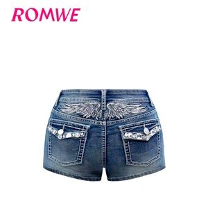 ROMWE Women's Blue Jean Shorts with Wing Embellishments and Rhinestone Decor